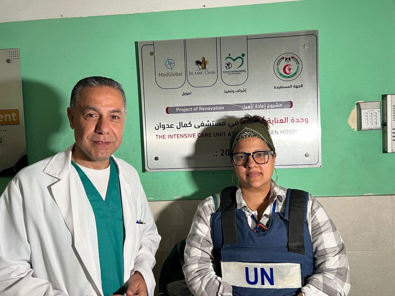 Two medical workers at the intensive care unit at Kamal Adwan Hospital