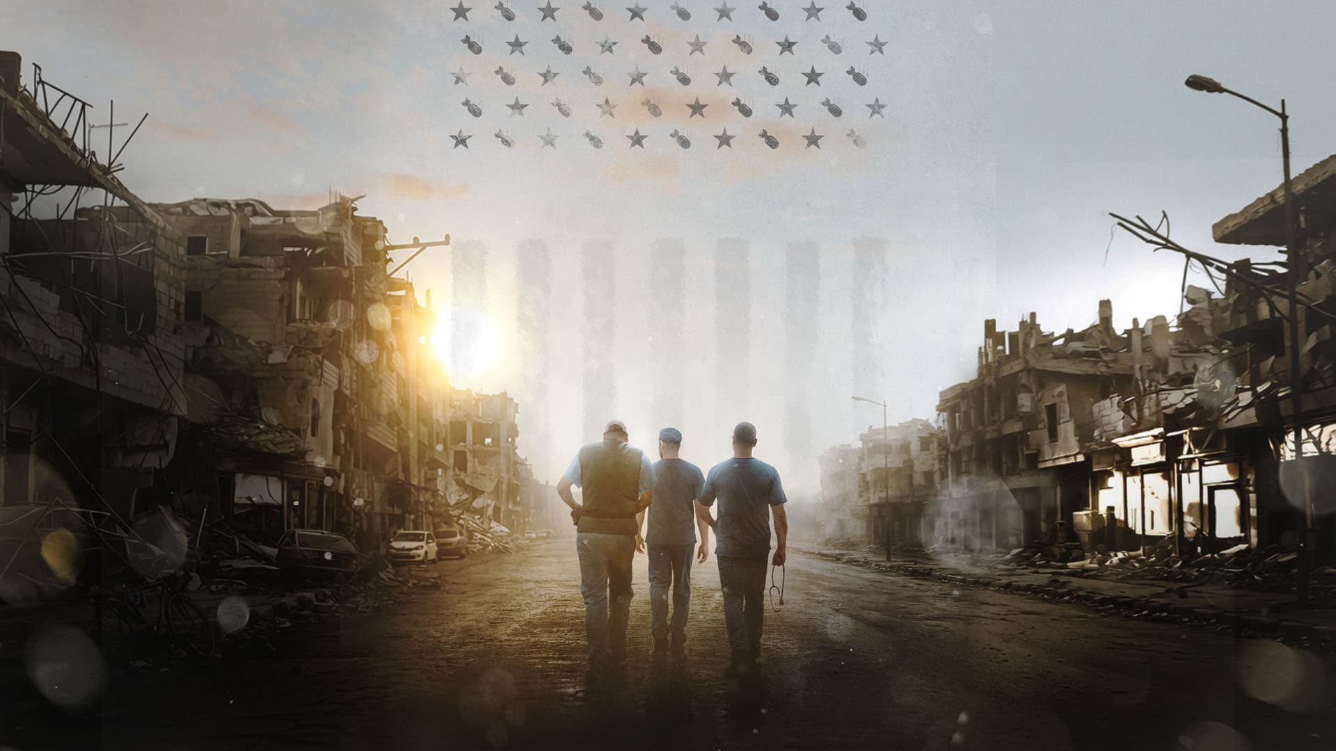 Three doctors walking down a destroyed street in Gaza